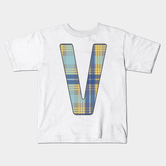 Monogram Letter V, Blue, Yellow and Grey Scottish Tartan Style Typography Design Kids T-Shirt by MacPean